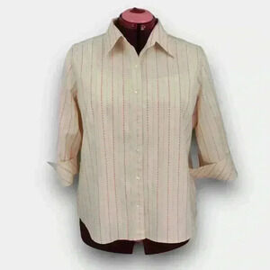 Jessica Women’s Button Front Blouse 18W Pale Pink Stripe Roll Tab 3/4 Semi Sheer